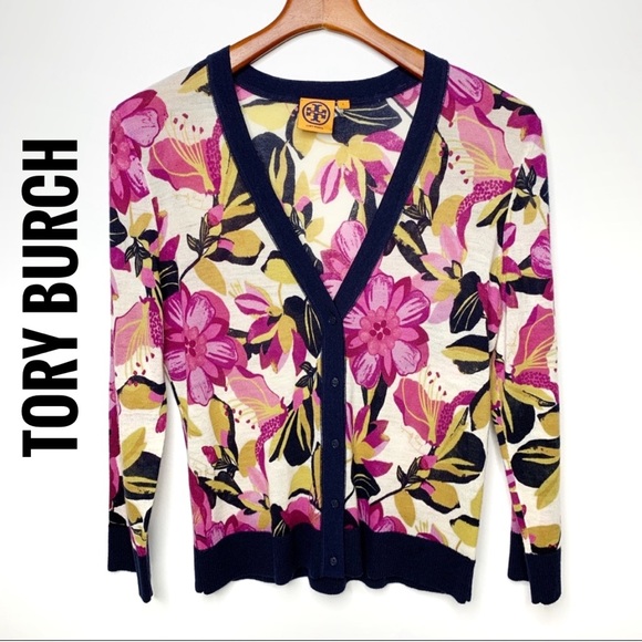 Tory Burch Sweaters - TORY BURCH Navy Floral 100% Wool Cardigan Large